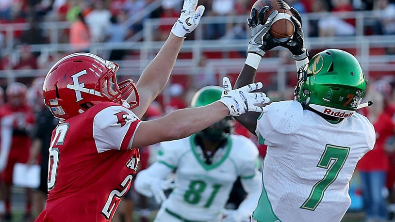 Northmont wide receiver Donavin Wallace pulls down a touchdown pass in front of Fairfield safety Zack Waddell during their game at Fairfield Stadium on Sept. 2. CONTRIBUTED PHOTO BY E.L. HUBBARD