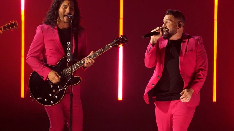 Dan Smyers, left, and Shay Mooney of Dan + Shay perform "You" at the Billboard Music Awards on Sunday, May 15, 2022, at the MGM Grand Garden Arena in Las Vegas. (AP Photo/Chris Pizzello)