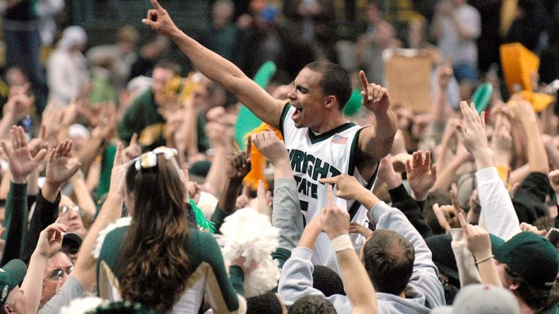 Wright States DaShaun Wood celebrates their 60-55 win over Butler to win the Horizon League Tournament, placing them in the NCAA tournament, March 6, 2007.