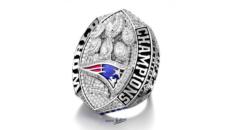 The New England Patriot's 2019 Super Bowl ring with 422 diamonds weighing 9.85 carats, including 1.6 carats of blue sapphires.