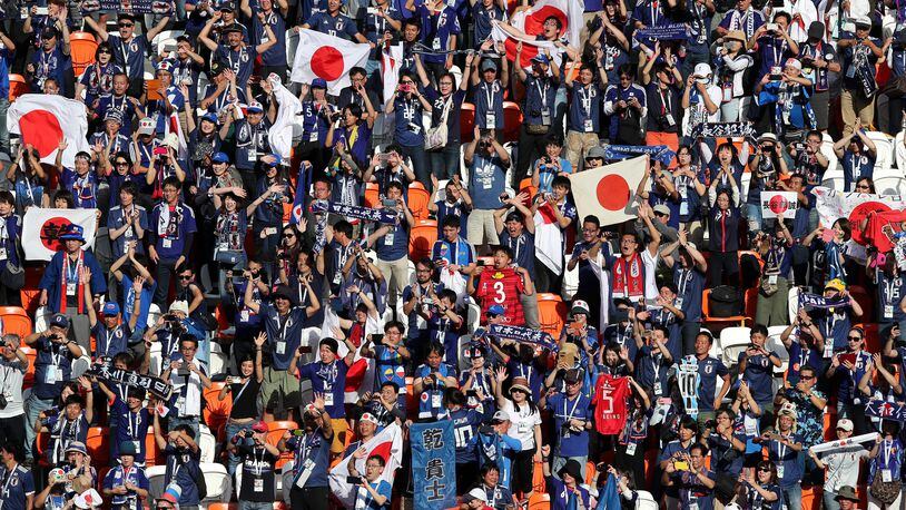 Japan fans react during the 2018 FIFA World Cup Russia group H match between Colombia and Japan at Mordovia Arena on June 19, 2018 in Saransk, Russia.  (Photo by Clive Brunskill/Getty Images)