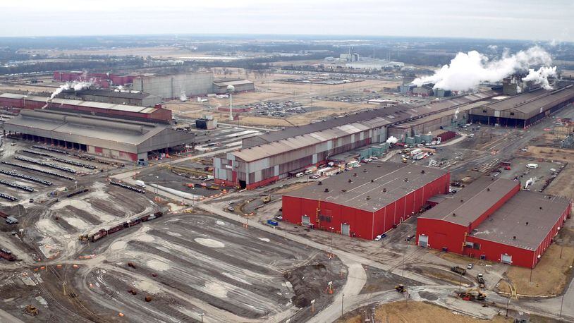 Aerial view of the AK Steel Middletown Works. The big steel producer covers more than 2,700 acres in the city to operate coke ovens, a blast furnace, hot strip mill and more than a dozen other steel production related processes. TY GREENLEES / STAFF