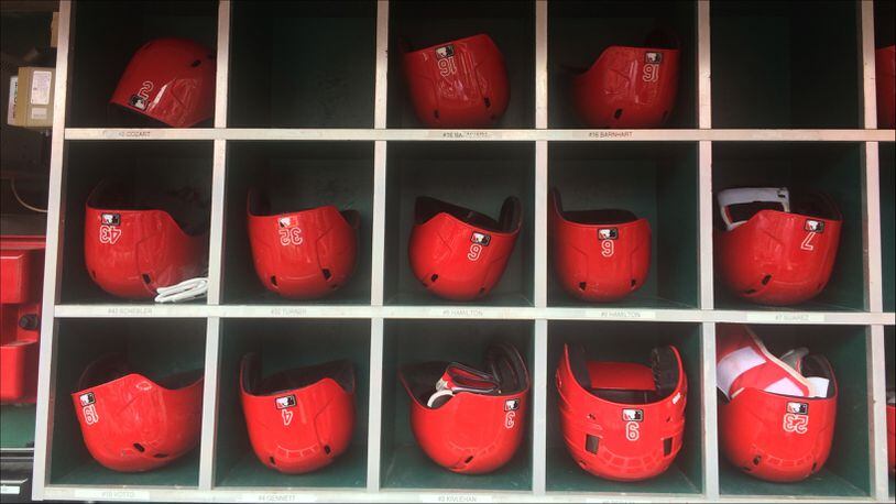 Cincinnati Reds batting helmets.