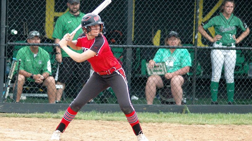 Lakota West’s Alyssa Triner gets ready to take a swing Wednesday during a 2-0 triumph over Harrison in a Division I regional softball semifinal at Centerville. RICK CASSANO/STAFF