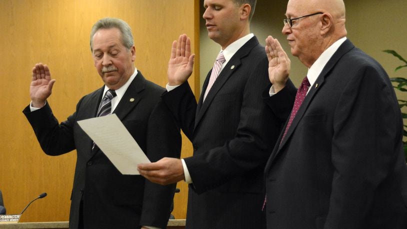 Fairfield City Council members Bill Woeste, Chad Oberson and Ron D’Epfianio took the oath of office Thursday evening. Each won election to the three open at-large city council seats in the November 2017 general election. The election was close for the second and third at-large seats as it ended in an automatic recount. Oberson, Woeste and former councilman Terry Senger were within a half percent in total votes after the official run of the election. MICHAEL D. PITMAN/STAFF