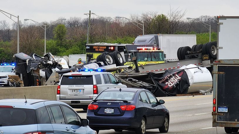 A major semi crash on Interstate 75 in Monroe occurred Tues., April 19, 2022. An aluminum coil being carried on the main semi involved went on to the other side of the interstate and caused damage to other vehicles. NICK GRAHAM/STAFF