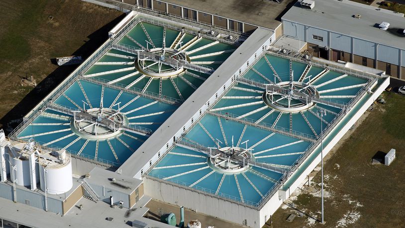 8-11-14  --  Aerial view of the Lime treatment tanks at the City of Dayton Miami Water Treatment Plant.  Dayton draws water form The Great Miami River Buried Aquifer, but treats the water to a stricter surface water standard.   TY GREENLEES / STAFF