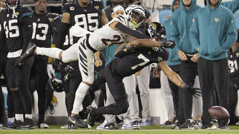 Cincinnati Bengals cornerback DJ Turner II (20) breaks up a pass intended for Jacksonville Jaguars wide receiver Zay Jones (7) during the second half of an NFL football game, Monday, Dec. 4, 2023, in Jacksonville, Fla. (AP Photo/Phelan M. Ebenhack)
