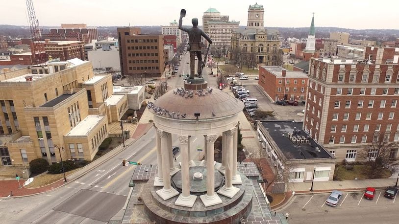 The "Victory, Jewel of the Soul" (also known as Billy Yank) sculpture by Rudolph Thiem stands atop the Soldiers, Sailors and Pioneers Monument at the High Street Bridge in downtown Hamilton. FILE