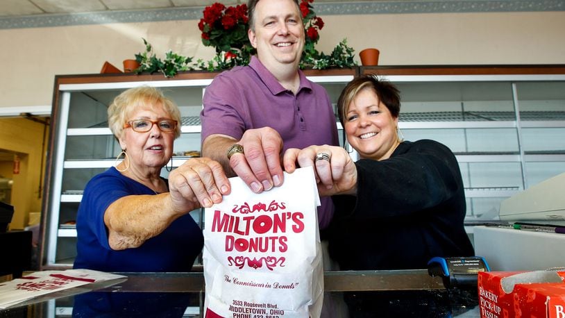 From left, Joyce Campbell, Jay and Amy Byrne are the new co-owners of Milton's Donuts located at 3533 Roosevelt Blvd. in Middletown. NICK DAGGY / STAFF