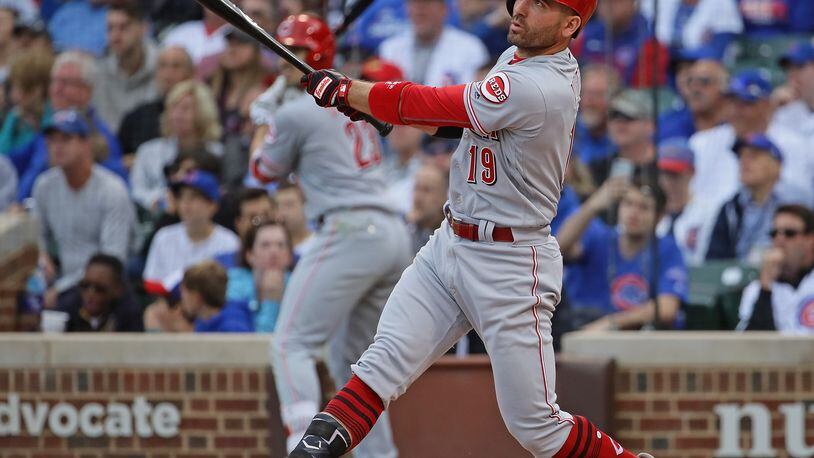 CHICAGO, IL - OCTOBER 01: Joey Votto #19 of the Cincinnati Reds hits a double in his last at-bat of the season in the 8th inning against the Chicago Cubs at Wrigley Field on October 1, 2017 in Chicago, Illinois. The Reds defeated the Cubs 3-1. (Photo by Jonathan Daniel/Getty Images)