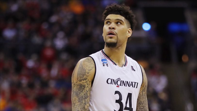 COLUMBUS, OHIO - MARCH 22: Jarron Cumberland #34 of the Cincinnati Bearcats reacts during the second half against the Iowa Hawkeyes in the first round of the 2019 NCAA Men's Basketball Tournament at Nationwide Arena on March 22, 2019 in Columbus, Ohio. (Photo by Elsa/Getty Images)