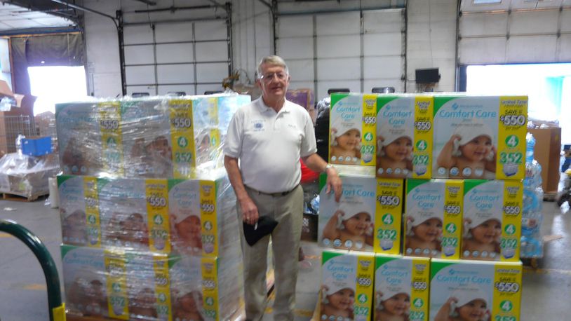 The Lindenwald Kiwanis Club of Hamilton has purchased 14,080 diapers to be sent to families with children impacted by Hurricane Harvey. Pictured is Chuck Ramage, a member of the Lindenwald Kiwanis Club Special Events Committee. CONTRIBUTED