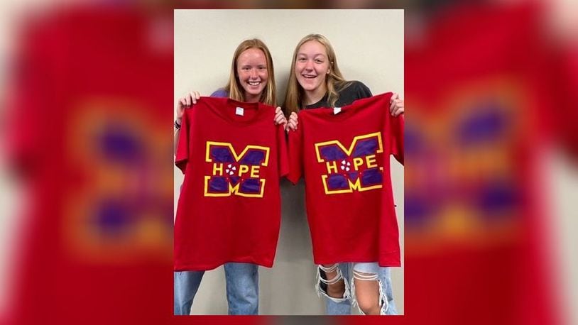 Middletown High School juniors Bre Boyle and Ava Lange model Hope Squad T-Shirts their group will be sporting during the Sept. 9 football game at Barnitz Stadium between Middletown and Lakota East High School. The GMC sports rivals are combining forces to publicize the squads' anti-teen suicide programs at each school and plan to hand out literature to fans at the game. (Provided Photo\Journal-News)