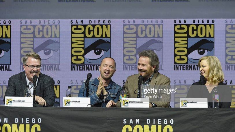 (L-R) Vince Gilligan, Aaron Paul, Bryan Cranston, and Anna Gunn talk onstage during the "Breaking Bad" 10th Anniversary Celebration at Comic-Con International 2018 at the San Diego Convention Center on July 19, 2018 in San Diego, California.