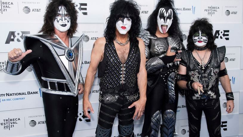 Members of the band Kiss, from left, Tommy Thayer, Paul Stanley, Gene Simmons and Eric Singer attend the premiere of A&E Network's "Biography: KISStory" during the 20th Tribeca Festival at Battery Park on Friday, June 11, 2021, in New York. (Photo by Charles Sykes/Invision/AP)