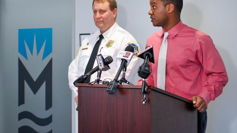Middletown police chief David Birk, left, and Middletown City Schools superintendent Marlon Styles address the media during a press conference Wednesday, March 4, 2020. A female Middletown Middle School student confessed to sending a text message that included a threat and caused lockdowns at all Middletown schools and two Lakota Schools buildings Wednesday, March 4, 2020, according to chief Birk. The text was received by the Middletown wellness center on the high school campus at 7:40 a.m. today, Chief Birk and schools Superintendent Marlon Styles said at a news conference. All Middletown schools were put on lockdown during the investigation, and officers located the student and the phone from which the text was sent. The student confessed, Birk said. NICK GRAHAM / STAFF