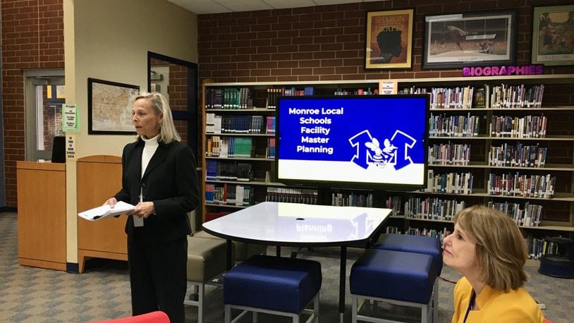 Monroe Schools Superintendent Kathy Demers was part of the public presentation Tuesday evening on the growing district’s plan to build a new elementary through a combination of a local school tax hike and state funding. Voters in the Butler County district will see a school tax issue on the fall 2020 ballot, said Demers. (Photo by Michael D. Clark/Journal-News)