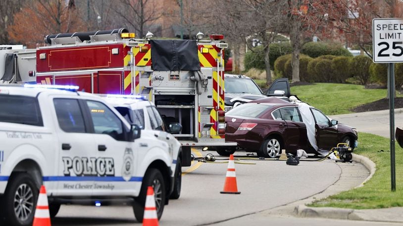 At least one person was killed Tuesday afternoon, April 12, 2022, in front of AMC movie theater on Civic Centre Boulevard in West Chester Twp.  NICK GRAHAM / STAFF
