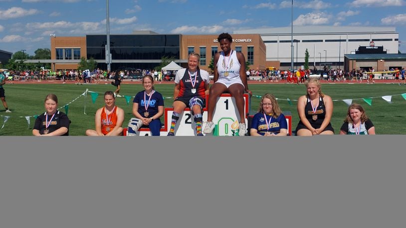 Springfield's Jadyn Marstella, third from right, poses with the other medalists in the seated wheelchair division at the state meet on Friday, June 3, 2022, at Jesse Owens Memorial Stadium. Contributed photo