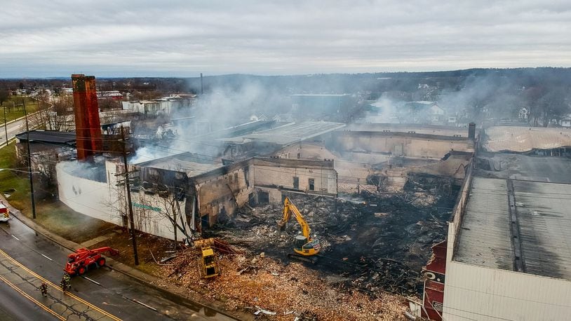 Demolition began Thursday, Jan. 2, 2020 after fire destroyed parts of the vacant former Middletown Paperboard building on New Years Day. Jarod Thrush / STAFF