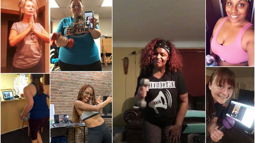 Kettering Zumba instructor Yvette "Diva" Williams ( pictured center right) teaches a nightly class on Facebook Live. Her photo is flaked by photos of her students taking the class.