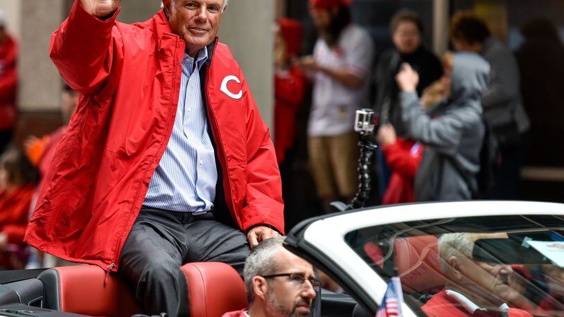 Last year: Lou Piniella, Reds senior advisor to baseball operations, waves to fans during the Reds Opening Day parade April 4, 2016, in Cincinnati. NICK GRAHAM/STAFF/FILE