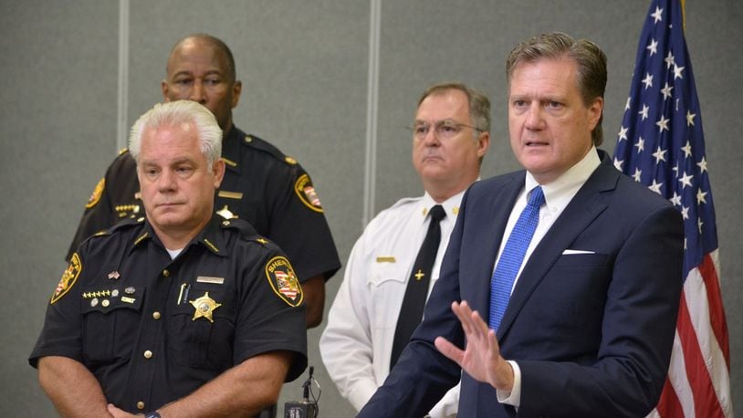 Rep. Mike Turner Speaks during a press conference alongside Montgomery County Sheriff Phil Plummer and other law enforcement officials whose offices responded to reports of an active shooter at Wright-Patterson Air Force Base on Aug. 2. Turner and law enforcement were briefed on the incident Wednesday by Col. Tom Sherman, 88th Air Base Wing and installation commander.