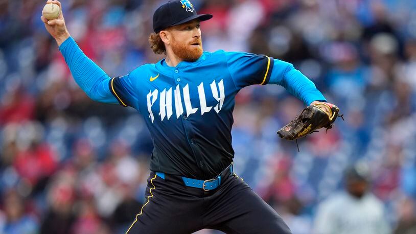 Philadelphia Phillies' Spencer Turnbull pitches during the first inning of a baseball game against the Chicago White Sox, Friday, April 19, 2024, in Philadelphia. (AP Photo/Matt Slocum)
