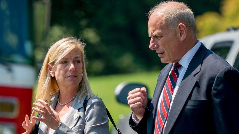 In this Aug. 22, 2017 photo, White House Chief of Staff John Kelly and Deputy Chief of Staff Kirstjen Nielsen speak together as they walk across the South Lawn of the White House in Washington. President Donald Trump nominated Kirstjen Nielsen as his next Secretary of Homeland Security. Nielsen was former DHS Secretary John Kellyâs deputy when he served in that role and moved with Kelly to the White House when he was tapped to be Trumpâs chief of staff.   (AP Photo/Andrew Harnik)