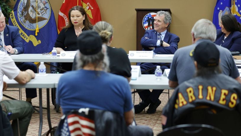 Democratic senators Sherrod Brown of Ohio and Tammy Duckworth of Illinois visited Butler County on Friday to meet with a small group of veterans to hear concerns about their health care disability benefits in the wake of the PACT Act that took effect last year.