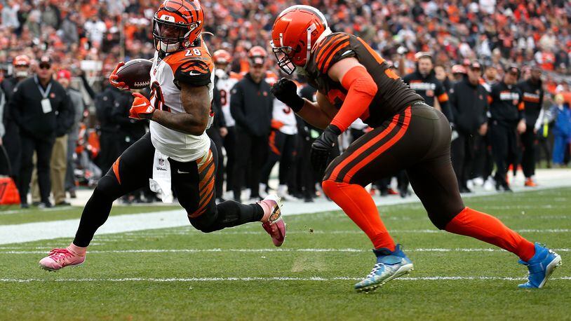 CLEVELAND, OH - DECEMBER 8: Joe Schobert #53 of the Cleveland Browns forces Joe Mixon #28 of the Cincinnati Bengals out of bounds short of the end zone during the third quarter at FirstEnergy Stadium on December 8, 2019 in Cleveland, Ohio. Cleveland defeated Cincinnati 27-19. (Photo by Kirk Irwin/Getty Images)