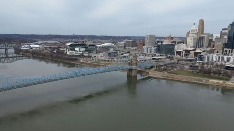 The Ohio River is seen Feb. 17, 2023 looking at Cincinnati from Covington, Ky. MADDY SCHMIDT/WCPO