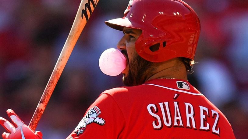 Eugenio Suarez #7 of the Cincinnati Reds blows a bubble while batting in the first inning against the Pittsburgh Pirates at Great American Ball Park on September 30, 2018, in Cincinnati, Ohio. (Photo by Jamie Sabau/Getty Images)