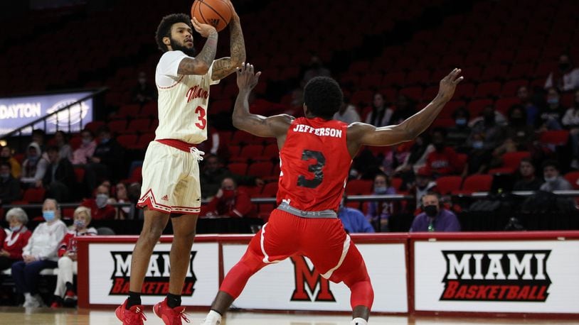 Miami's Dae Dae Grant fires a shot during Saturday's game vs. Lamar. Grant scored 18 points Wednesday night in the RedHawks' win over Stetson at Millett Hall. Miami Athletics photo