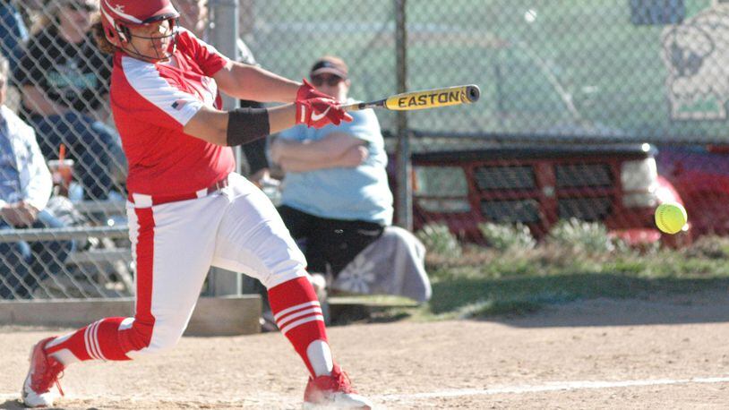Fairfield’s Maddie Schaeffer takes a big swing April 9 during the Indians’ 2-1 nonconference softball loss at Harrison. RICK CASSANO/STAFF