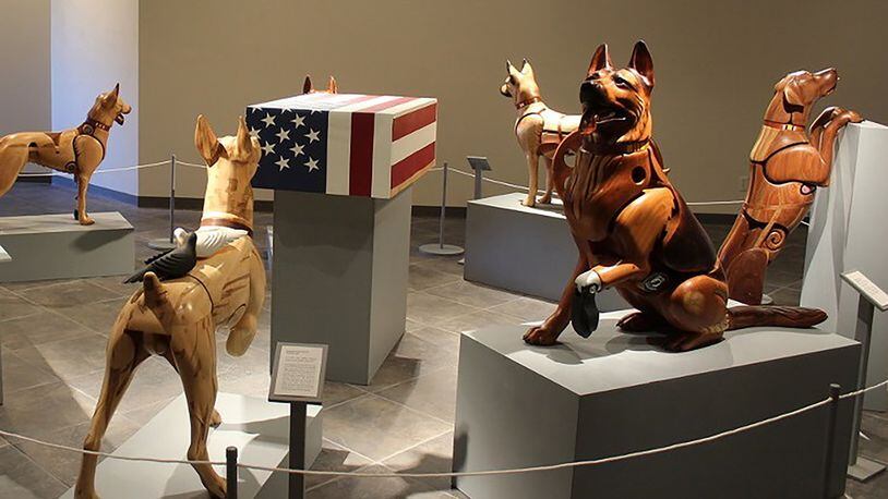 A temporary exhibit featuring wounded warrior dog wooden sculptures by artist James Mellick will be on display at the National Museum of the U.S. Air Force Nov. 8 through Jan. 31. (Contributed photos)