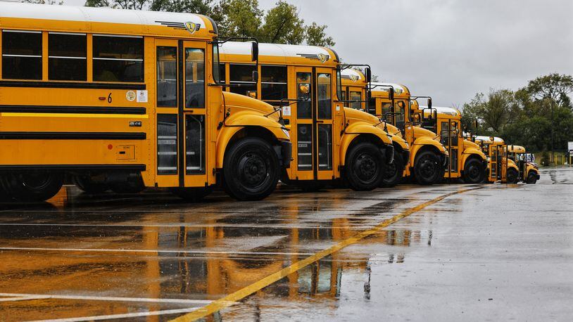 Buses line up to pick up students at Middletown High School Wednesday, Sept. 22, 2021. Schools around the area are facing a shortage of bus drivers. NICK GRAHAM / STAFF