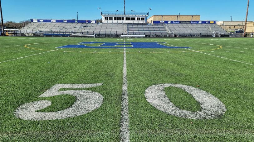 The turf and track at Edgewood's Kumler Field located next to Edgewood Middle School is now 14 years old and overdue for replacement, say school officials. NICK GRAHAM / STAFF