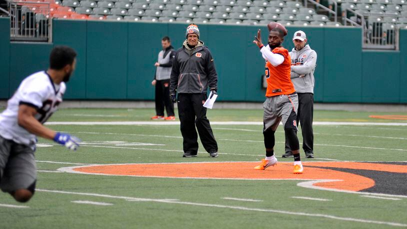 Former Ohio State quarterback J.T. Barrett throws a pass during the Cincinnati Bengals local player workout Tuesday at Paul Brown Stadium.