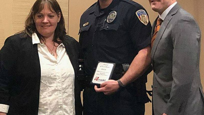 Fairfield Police Officer Bryan Carnes was honored last month by Mothers Against Drunk Driving for his efforts combating impaired drivers. PROVIDED