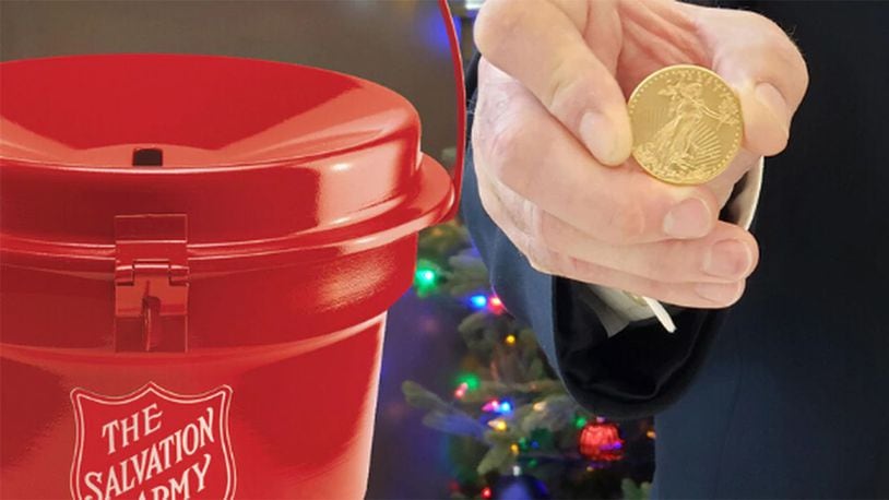 Volunteers with the Salvation Army in Bremerton, Washington, got a huge surprise after discovering a gold coin while counting donations from one of its red kettles on Tuesday, Dec. 10, 2019. (