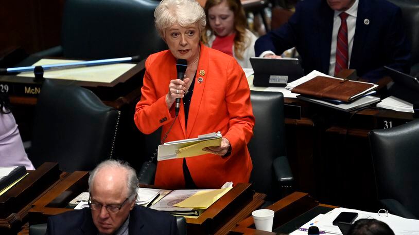Rep. Janice Bowling, R-Tullahoma, talks about her bill that would make it a crime to take a minor to another state for gender-affirming care without the consent of the child's parent during legislative session of the Senate, Thursday, April 11, in Nashville, Tenn. (AP Photo/Mark Zaleski)