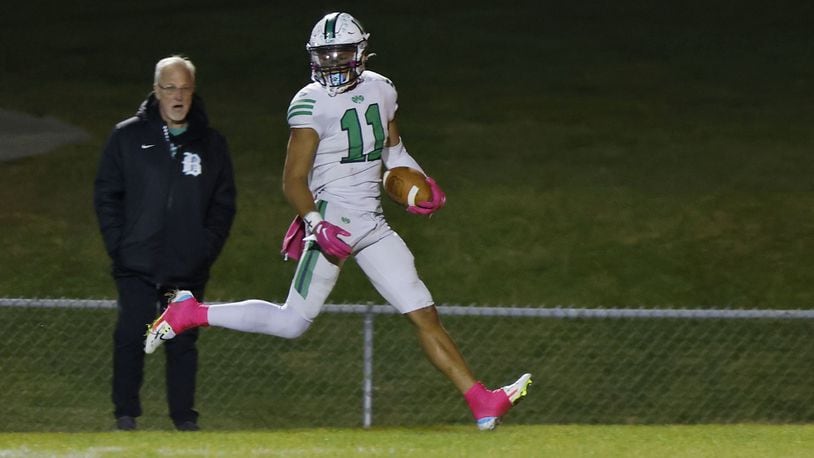 Badin's Braedyn Moore carries the ball for a touchdown. Badin defeated Fenwick 14-6 in their football game Friday, Oct. 14, 2022 at Bishop Fenwick High School. NICK GRAHAM/STAFF