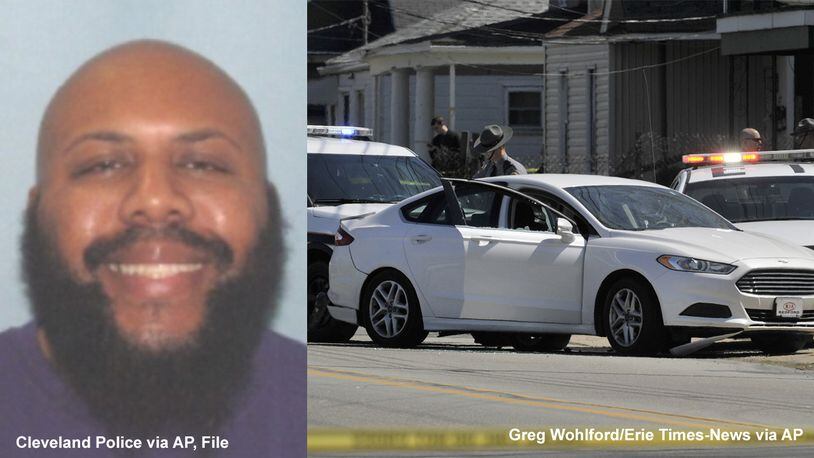 This undated file photo provided by the Cleveland Police shows Steve Stephens (left). Pennsylvania State Police said Stephens, the suspect in the random killing of a Cleveland retiree posted on Facebook, shot and killed himself after a brief pursuit Tuesday, April 18, 2017(right).