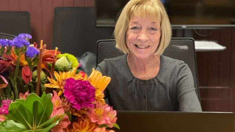 Mary Ann Eaton was congratulated on her retirement as the city’s Clerk of Council at her final regular meeting Nov. 16. She was presented with this flower arrangement and a mayoral proclamation recognizing her last day on the job, Nov. 30, as Mary Ann Eaton Day in the City of Oxford. CONTRIBUTED
