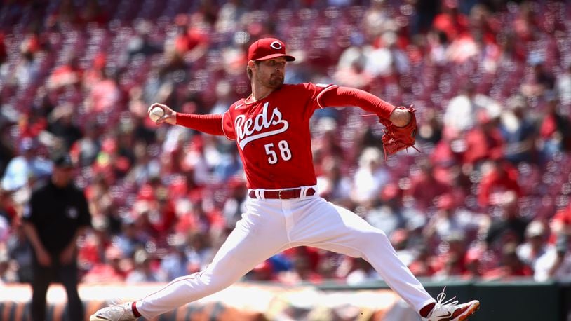 Reds starter Levi Stoudt pitches against the Rays on Wednesday, April 19, 2023, at Great American Ball Park in Cincinnati. David Jablonski/Staff