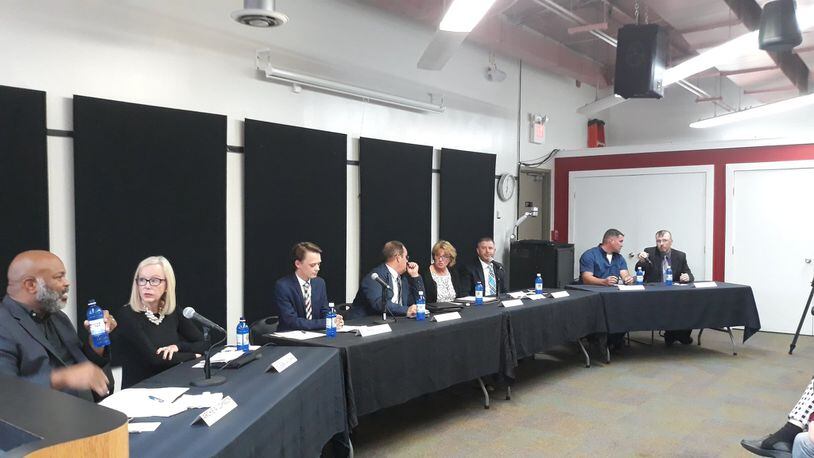 Candidates for Hamilton City Council were all present, eight of them seeking three seats, at a candidates’ forum Wednesday that was sponsored by the Greater Hamilton Chamber of Commerce. MIKE RUTLEDGE/STAFF