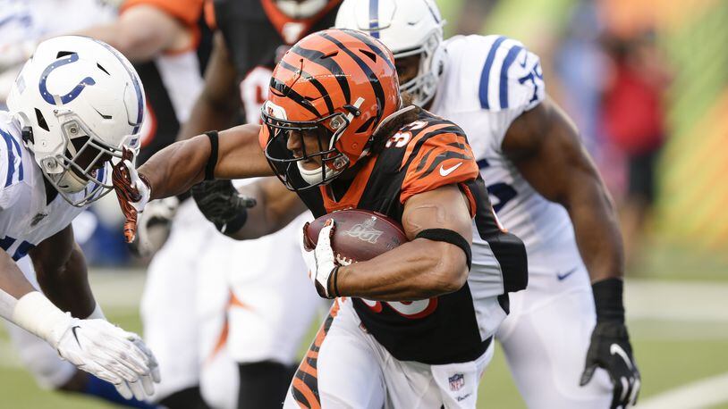 CINCINNATI, OHIO - AUGUST 29: Rodney Anderson #33 of the Cincinnati Bengals runs with the ball against E.J. Speed #45 of the Indianapolis Colts during the second quarter of a preseason game at Paul Brown Stadium on August 29, 2019 in Cincinnati, Ohio. (Photo by Silas Walker/Getty Images) (Photo by Silas Walker/Getty Images)
