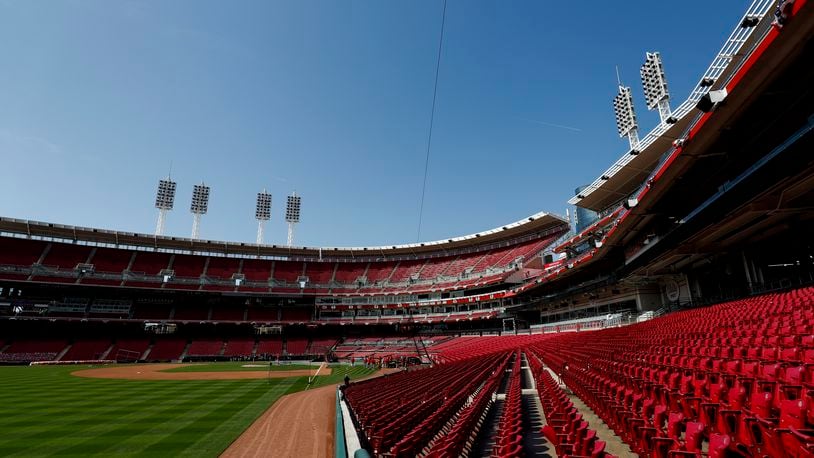 A view of Great American Ballpark during a baseball team workout in Cincinnati, Wednesday, March 31, 2021. The Cardinals play in an opening day game at the Cincinnati Reds on Thursday. (AP Photo/Aaron Doster)